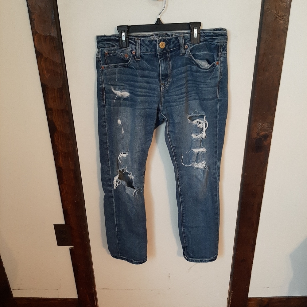 Women's American Eagle Skinny Leg Destressed Slouch Blue Jeans 4.
